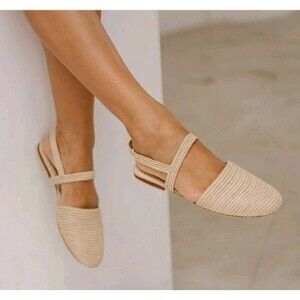Bulibasha EU 39 Natural Raffia Woven Slingback Flats Handmade Resort Shoes